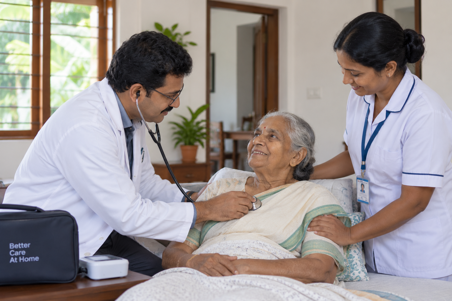 Doctor and nurse caring for an elderly patient at home